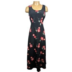 Vintage 90s Black Floral Sleeveless Maxi Dress Tie Back Whimsigoth Y2K Goth